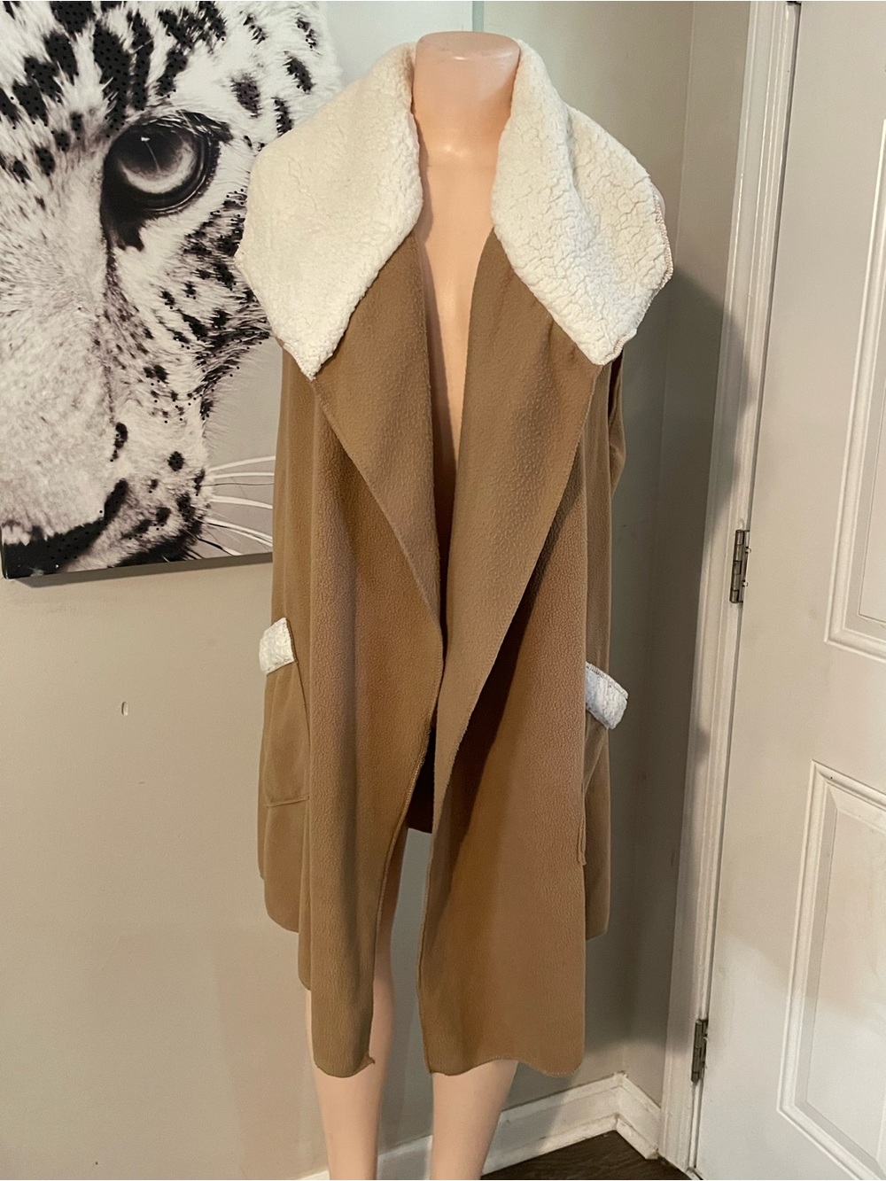 LeModa Cozy Camel Open Front Coat Sherpa Trimmed Fleece vest open front